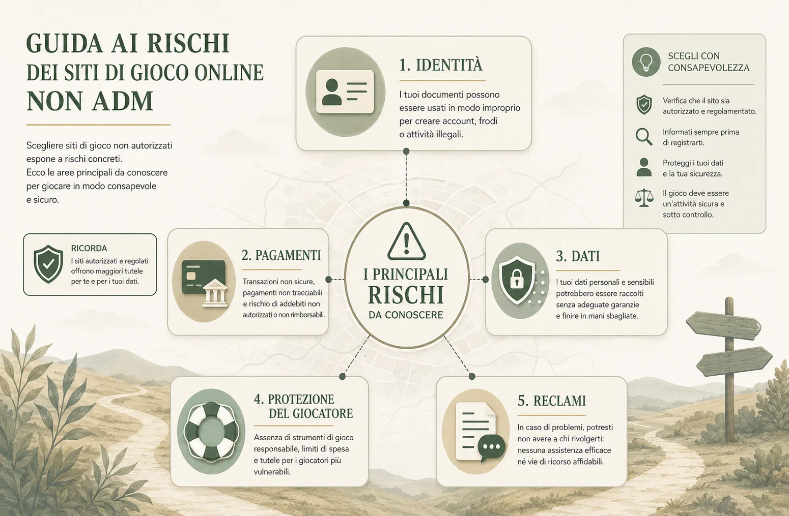 Schema visivo con segnali di rischio, protezione del giocatore e controllo documenti