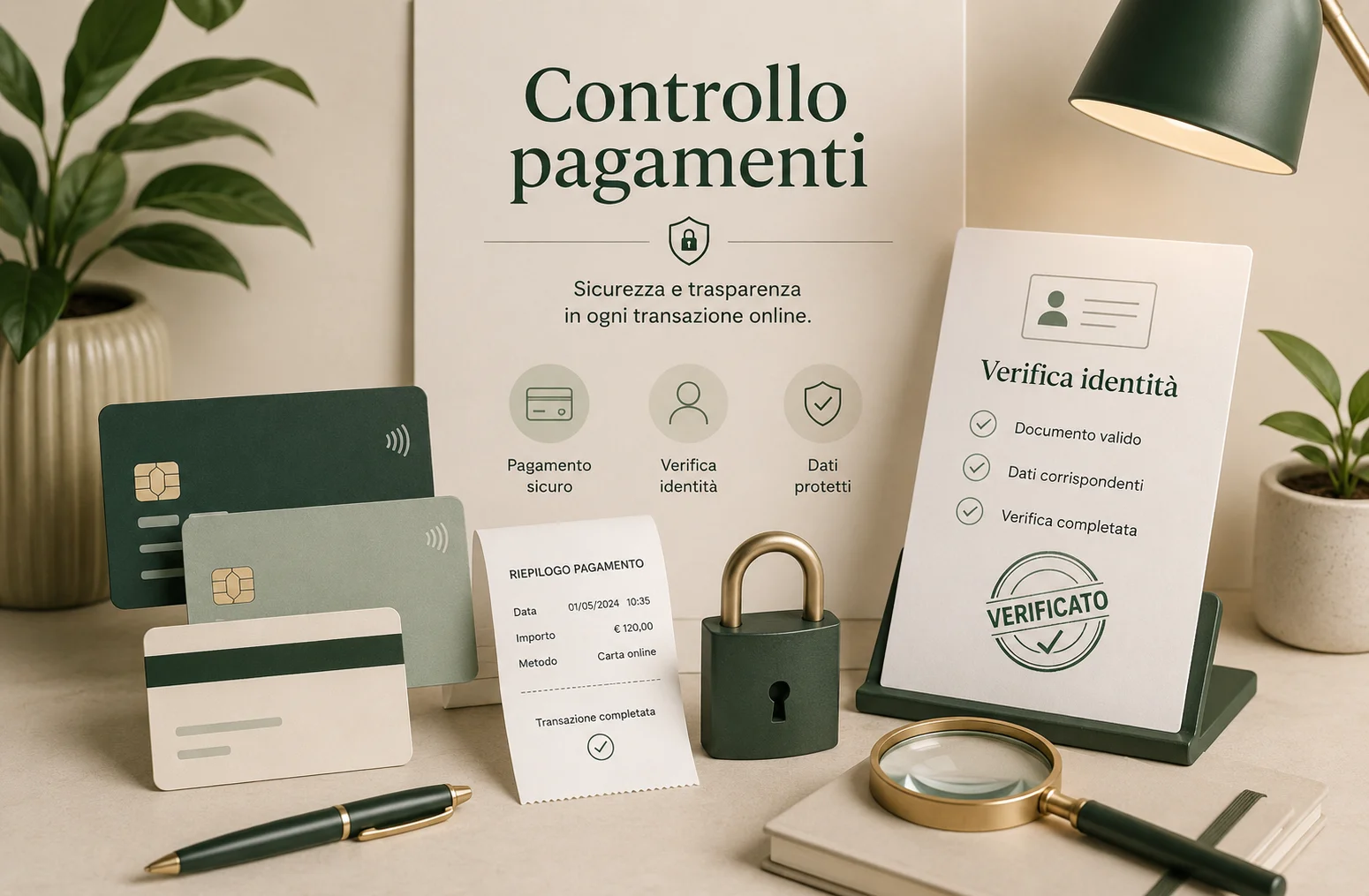 Carte, ricevuta e lucchetto digitale per rappresentare pagamenti e verifica identità